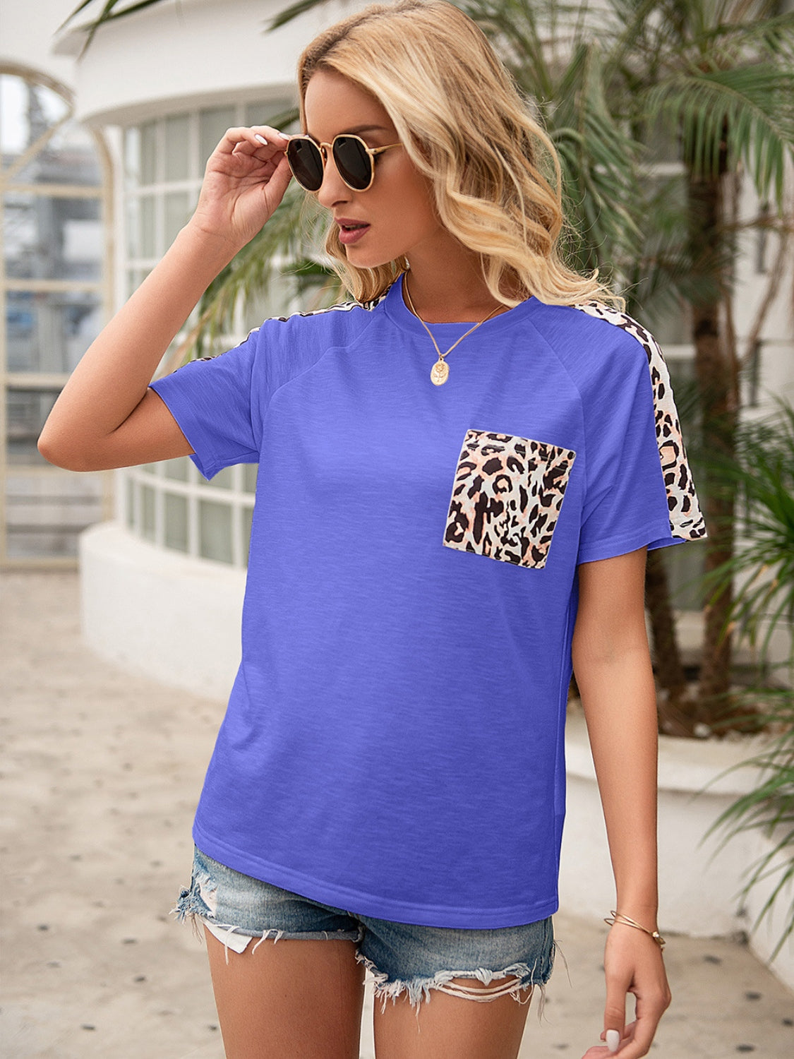 Pocketed Leopard Round Neck Short Sleeve T-Shirt