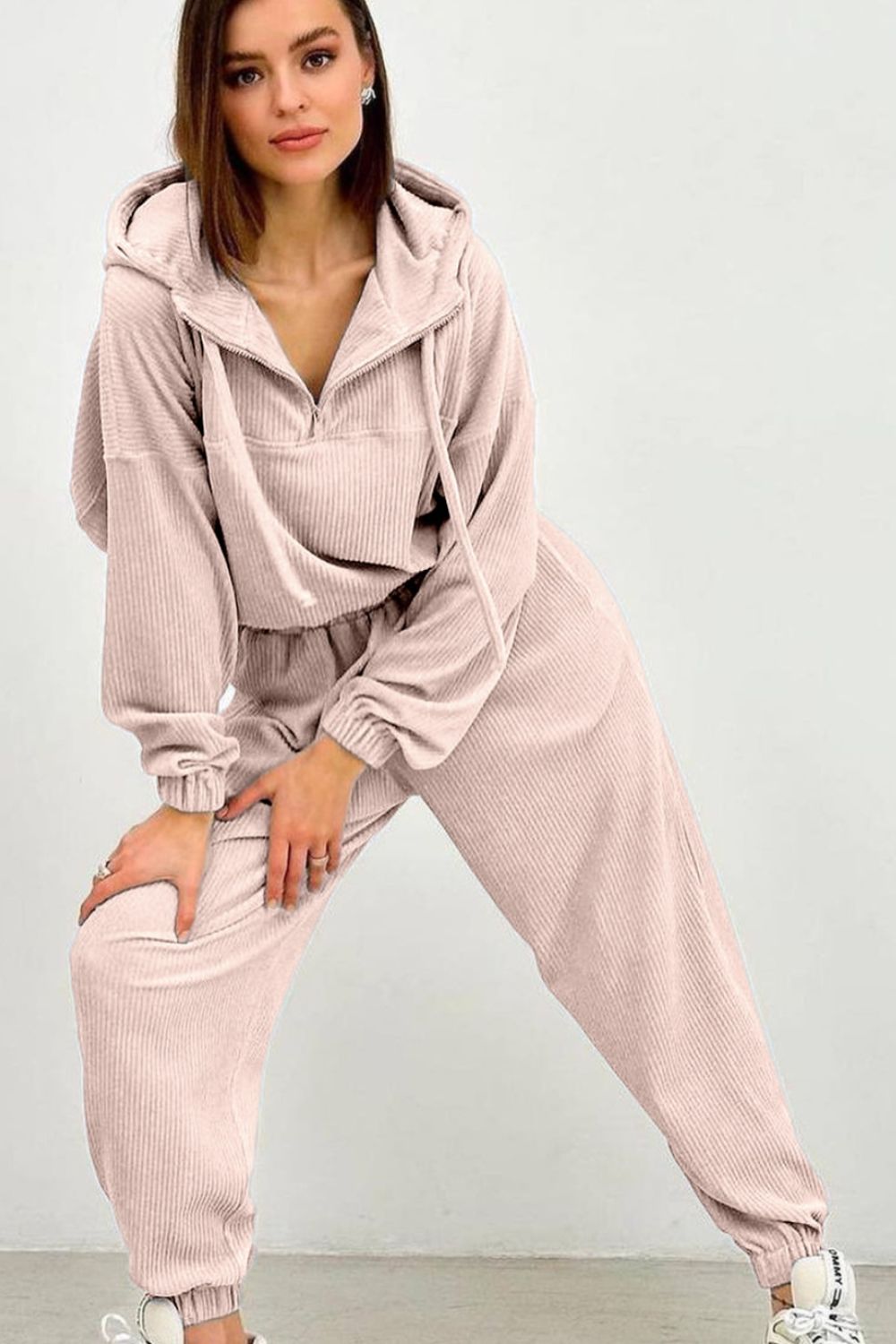 Half Zip Drawstring Hoodie and Pants Set