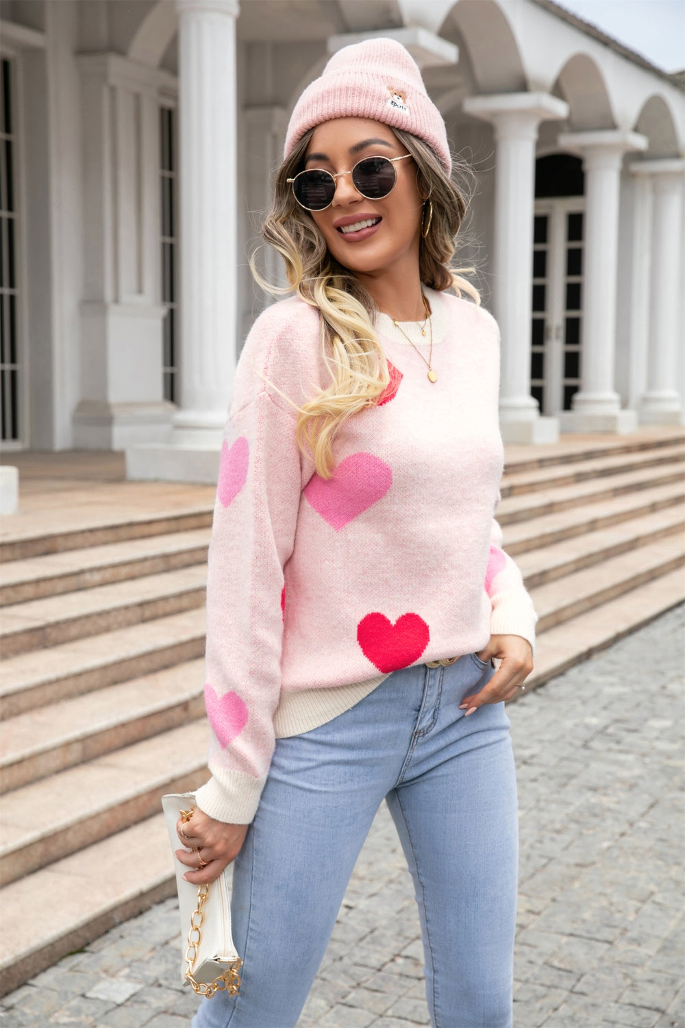 Heart Round Neck Droppped Shoulder Sweater