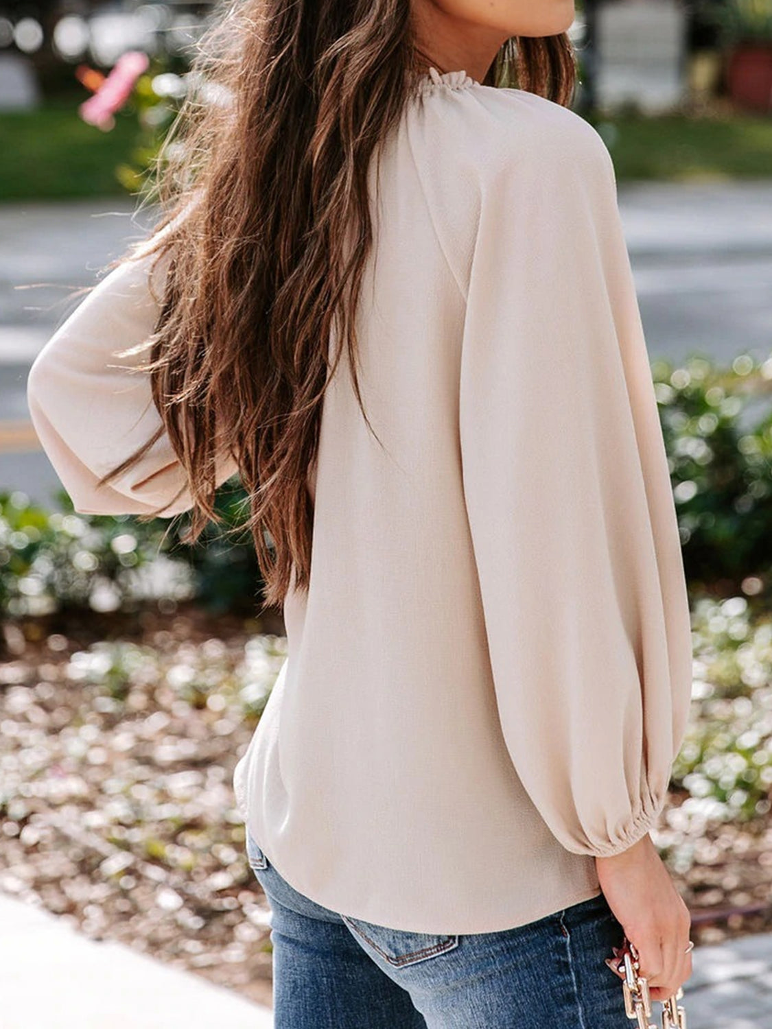 Ruched Notched Balloon Sleeve Blouse