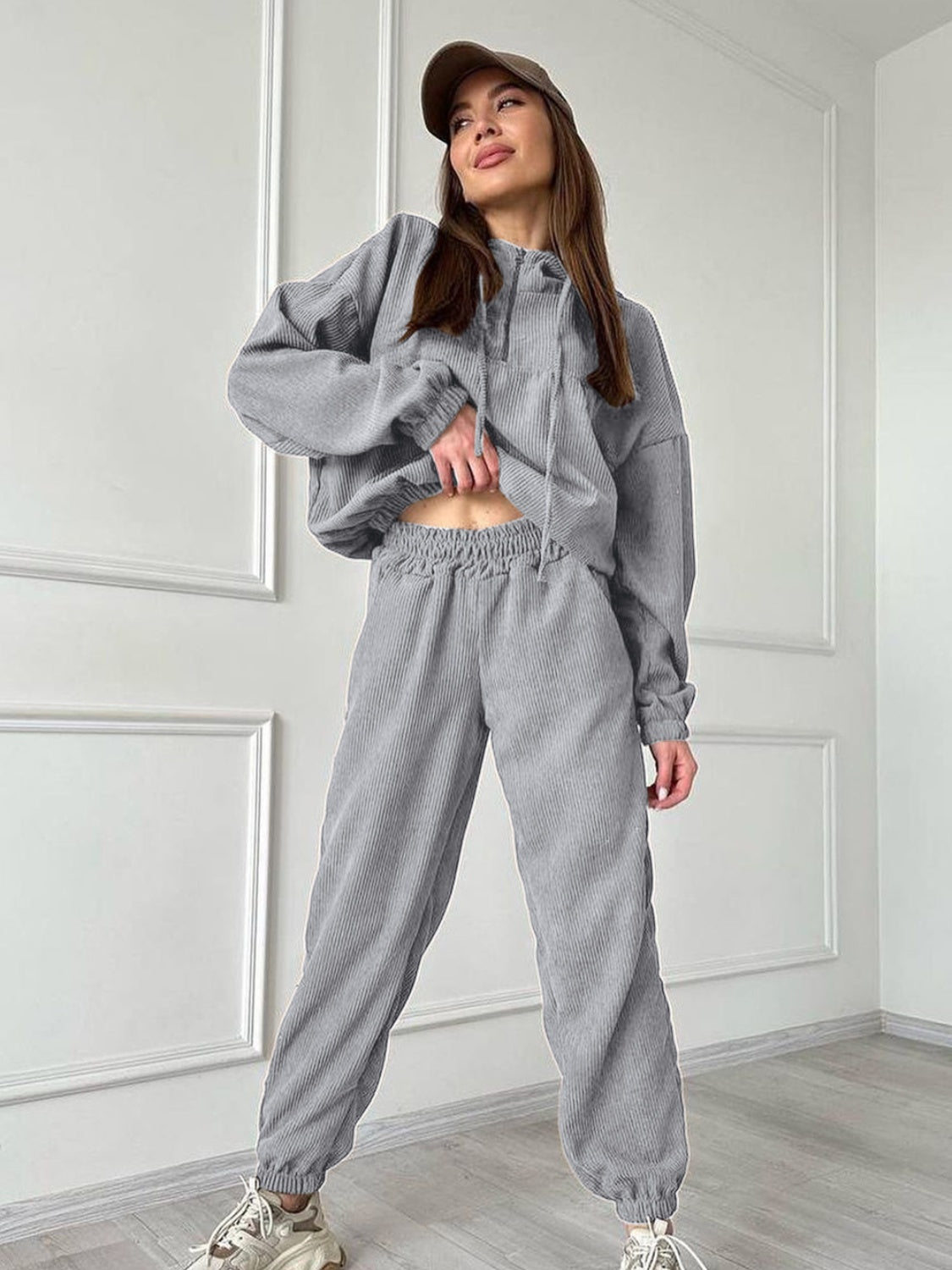 Half Zip Drawstring Hoodie and Pants Set