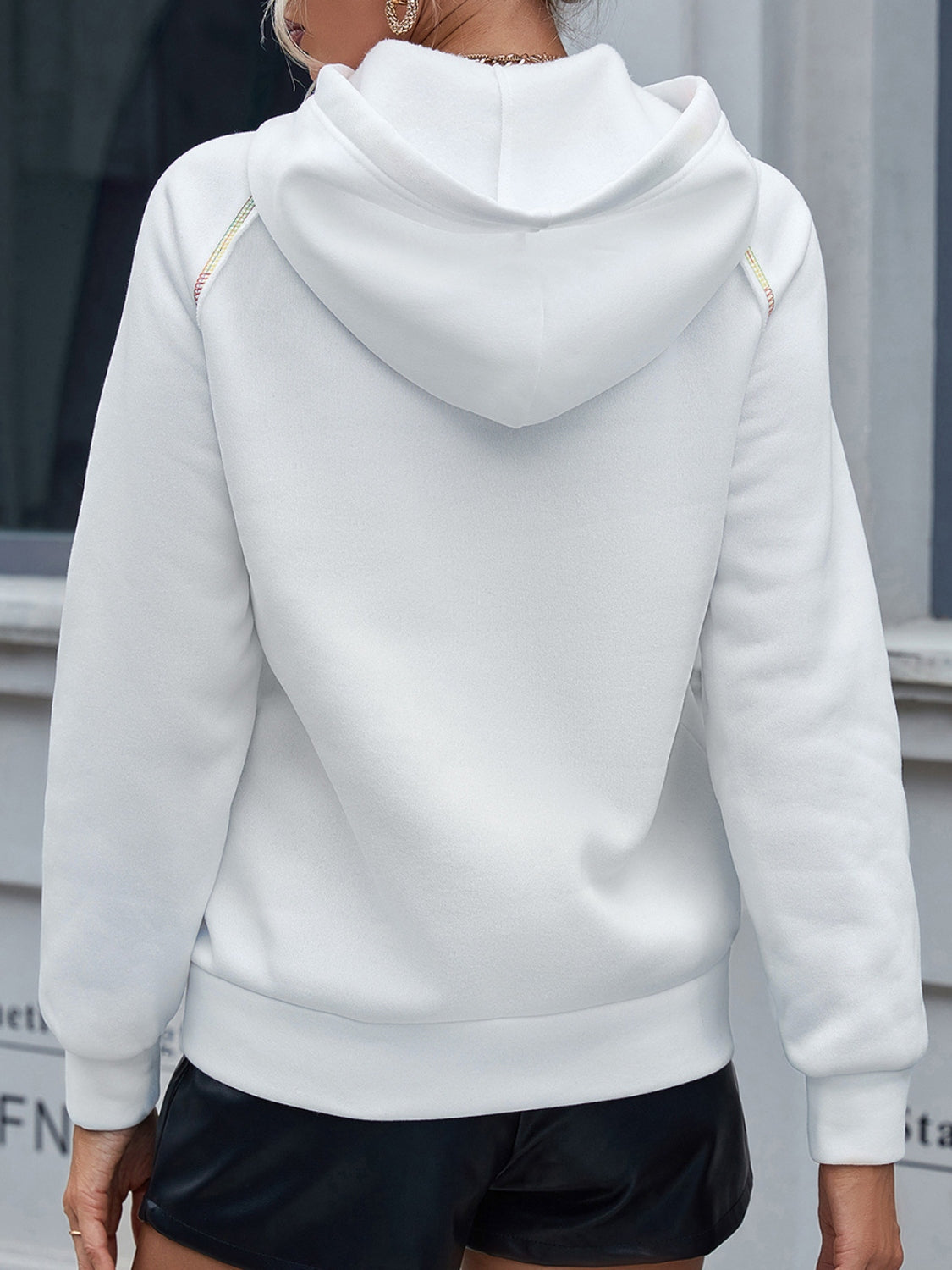 Contrast Stitching Drawstring Raglan Sleeve Hoodie